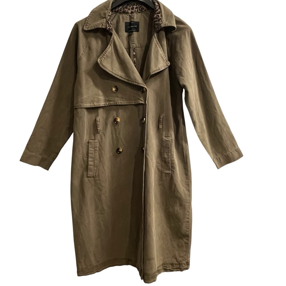 Lucky Brand Trench Coat Army Green Long Size M Double Breasted Leopard Trim